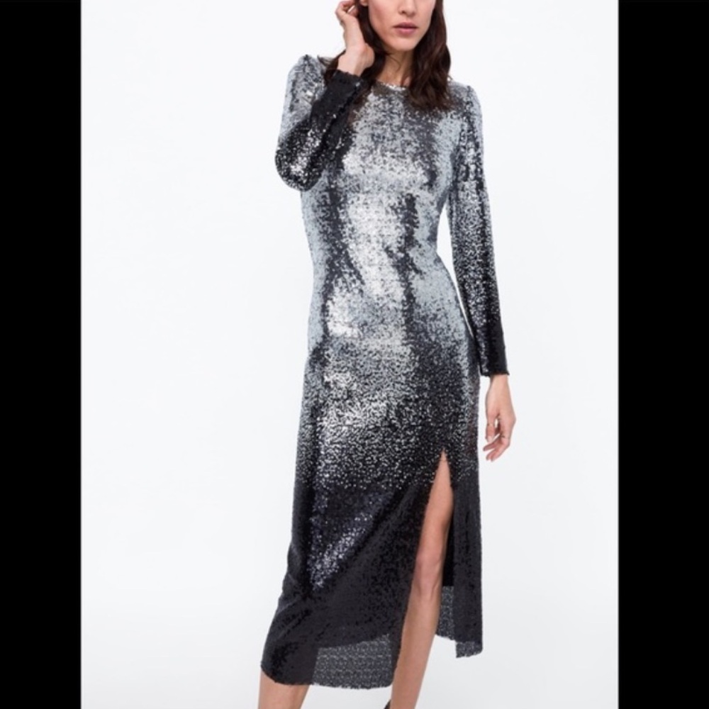 Zara ombré silver black sequin midi dress